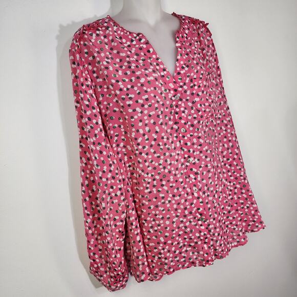Zac & Rachel Blouse Shirt Women 1X Button Ruffles Long Roll Tab Sleeve Dots Pink - Picture 3 of 11